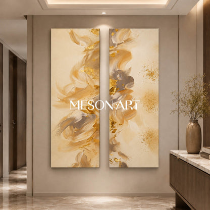 Luxury Gold Leaf Abstract Diptych Beige Textured Oil Painting For Living Room