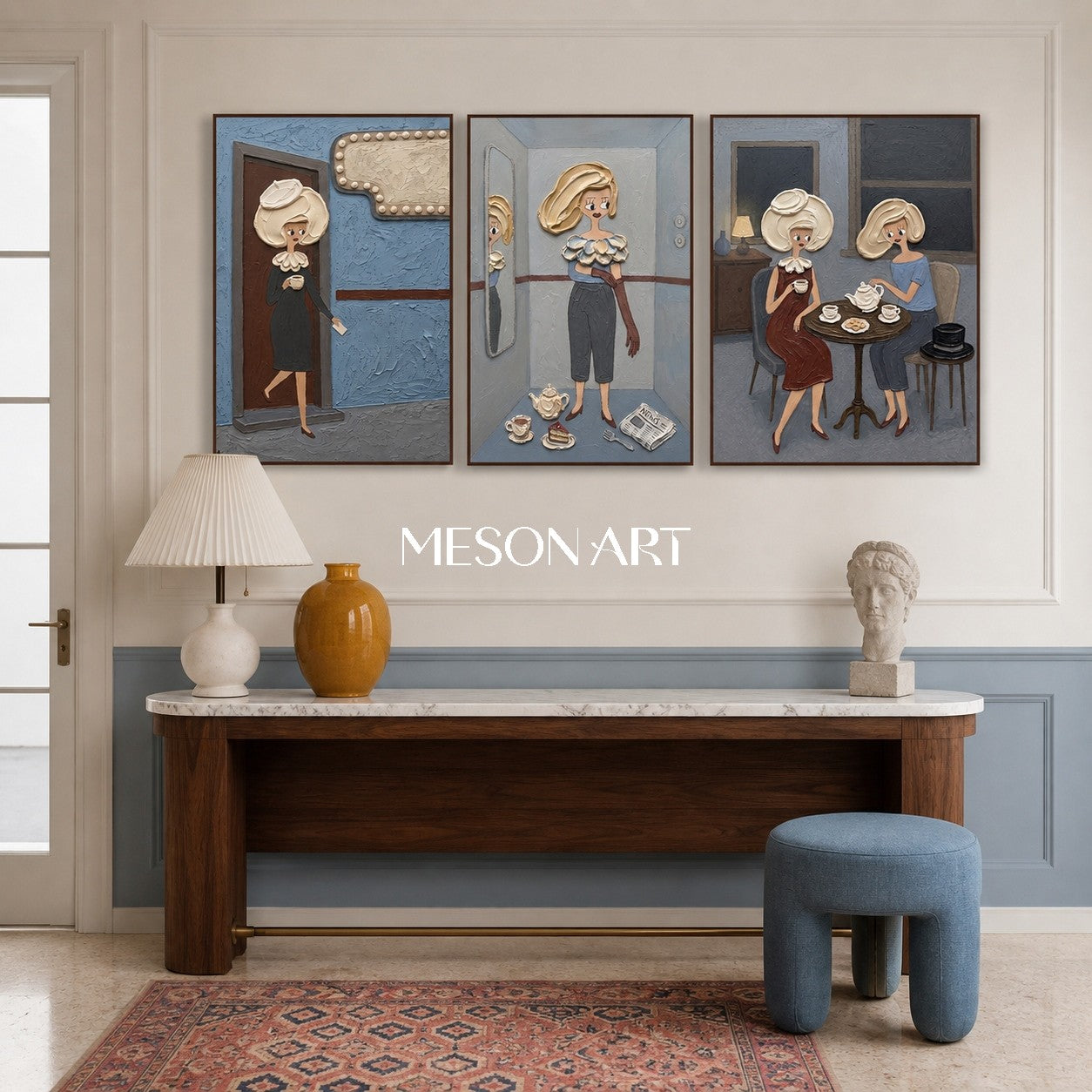 Elegante trittico in stile Pop Art con figure in rilievo per un arredamento moderno