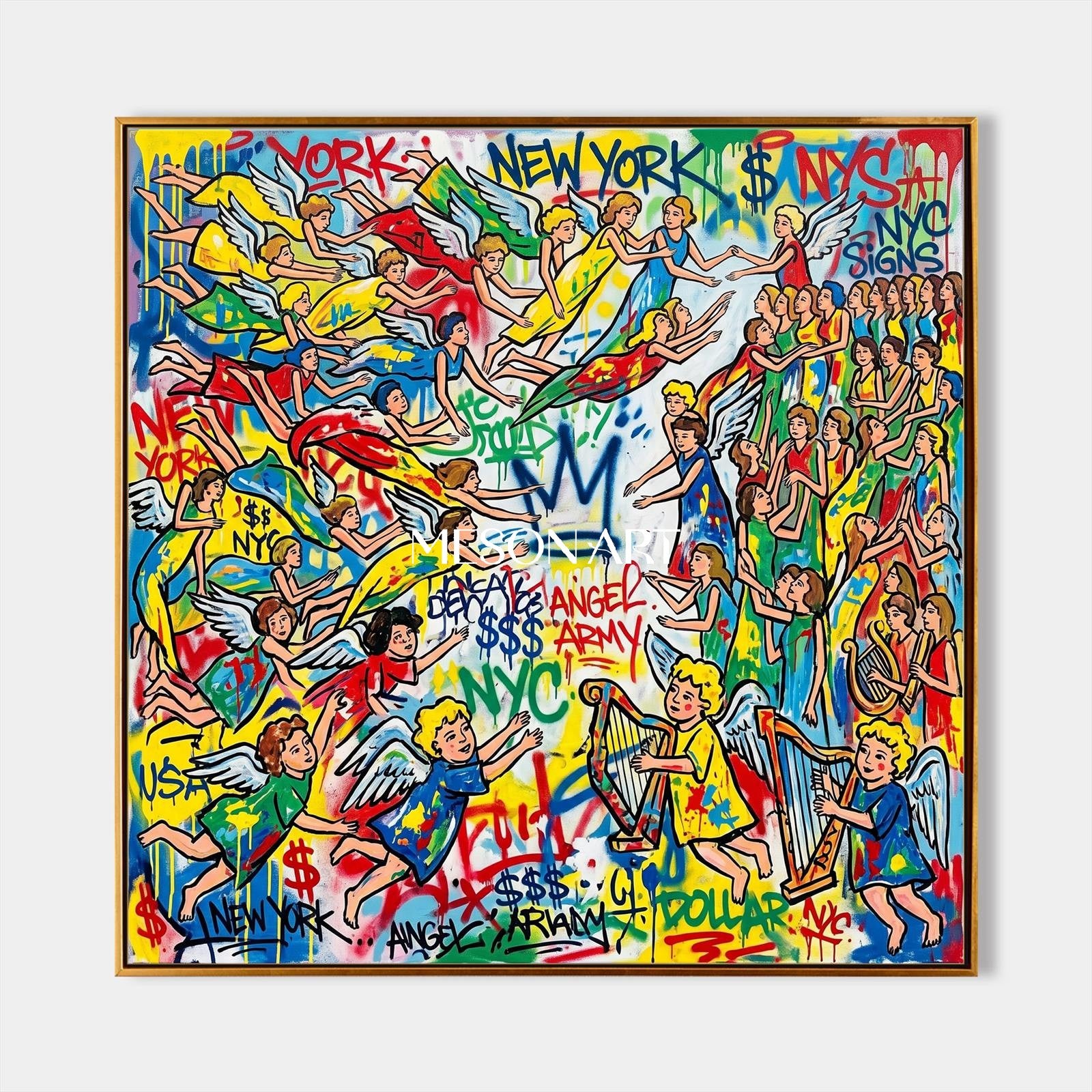 Yellow And Blue Graffiti Painting Banksy Style Square Wall Art For Living Room By Mesonart