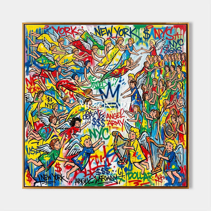 Yellow And Blue Graffiti Painting Banksy Style Square Wall Art For Living Room By Mesonart