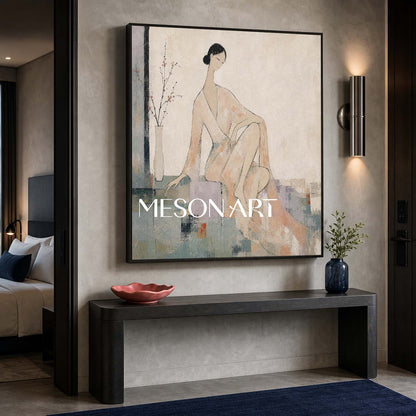 Minimalist Female Portrait Painting In Beige And Gray For Modern Bedroom Decor