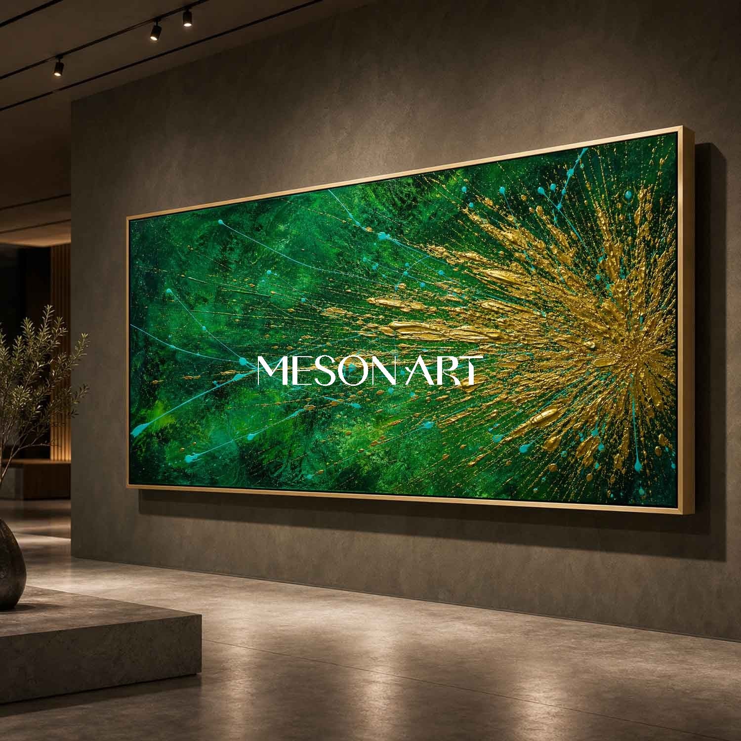 Emerald Green And Gold Pollock Abstract Painting For Modern Living Room Decor
