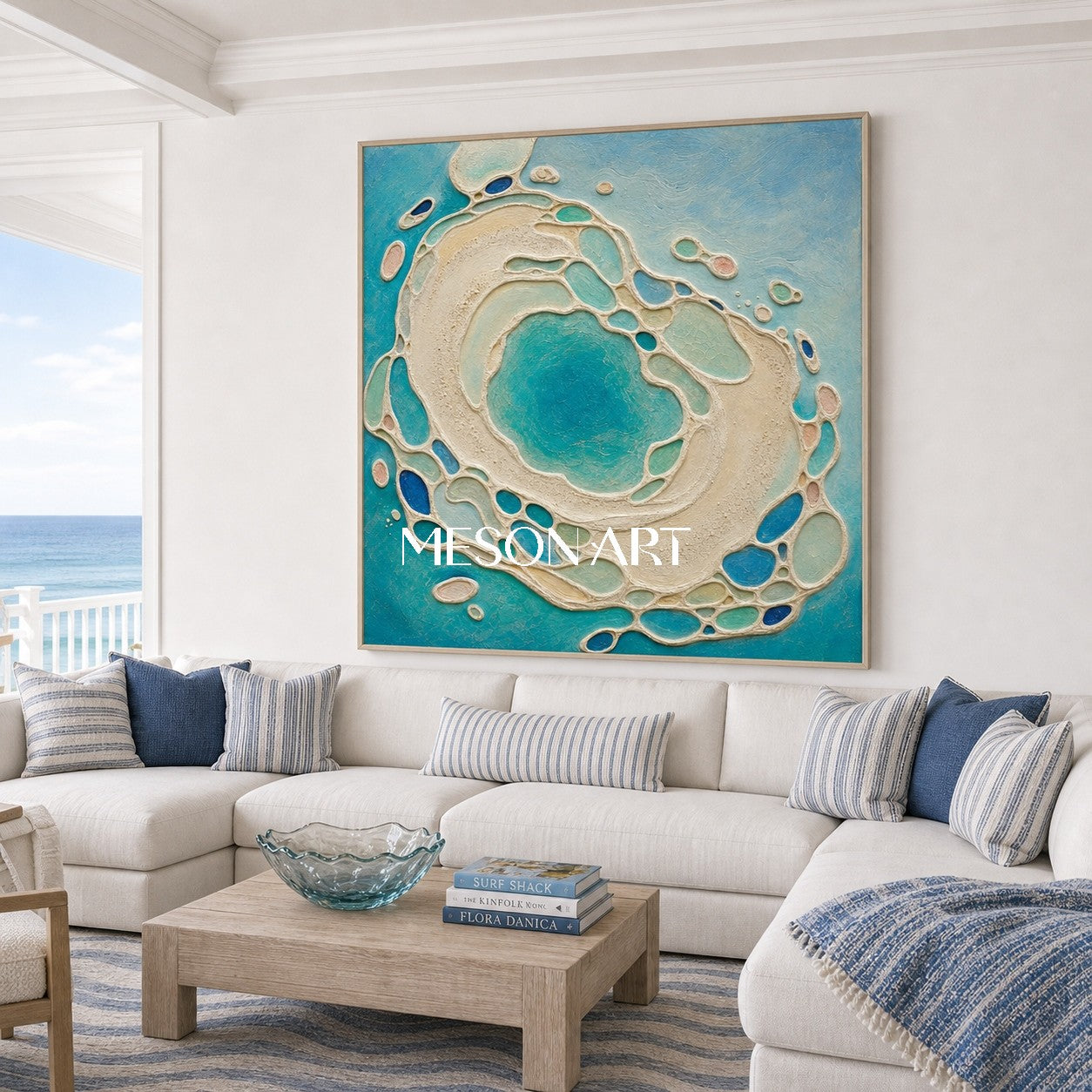 Sculptural Azure Lagoon Art With Plaster Texture For Coastal Living Room Decor
