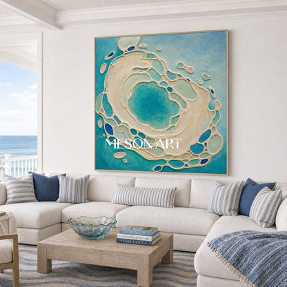 Sculptural Azure Lagoon Art With Plaster Texture For Coastal Living Room Decor