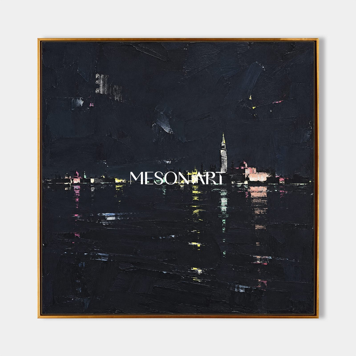 Black And Gold Abstract Landscape Painting Square Minimalist Palette Knife Art Original Artist By Mesonart