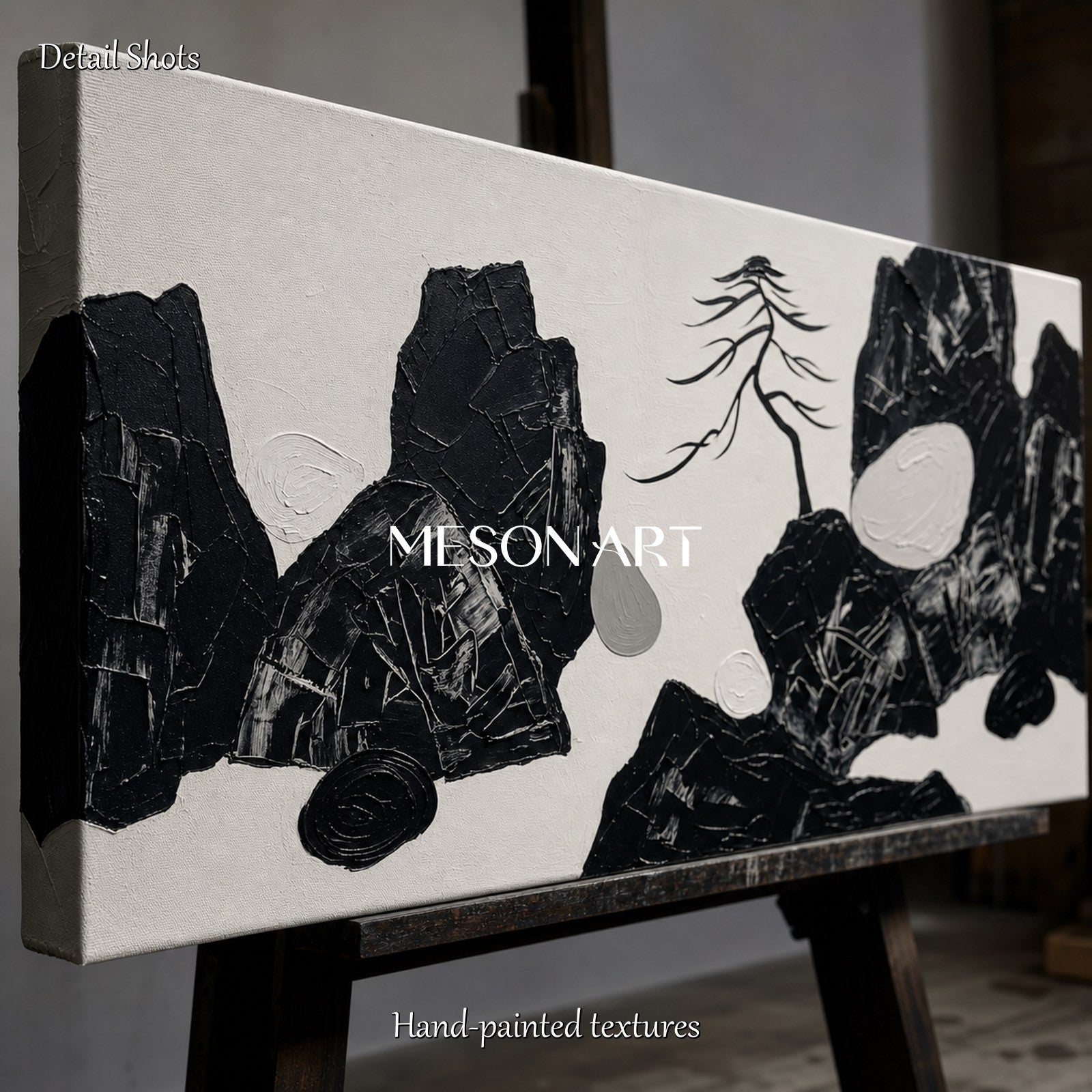 Large Black And White Textured Painting Abstract Landscape Art For Living Room