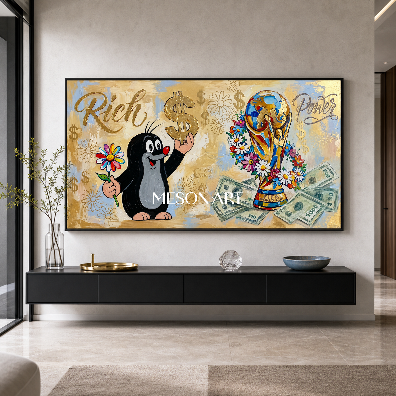 Luxury Gold Pop Art Painting With Cartoon Mole And Dollar Signs For Modern Living Room Decor