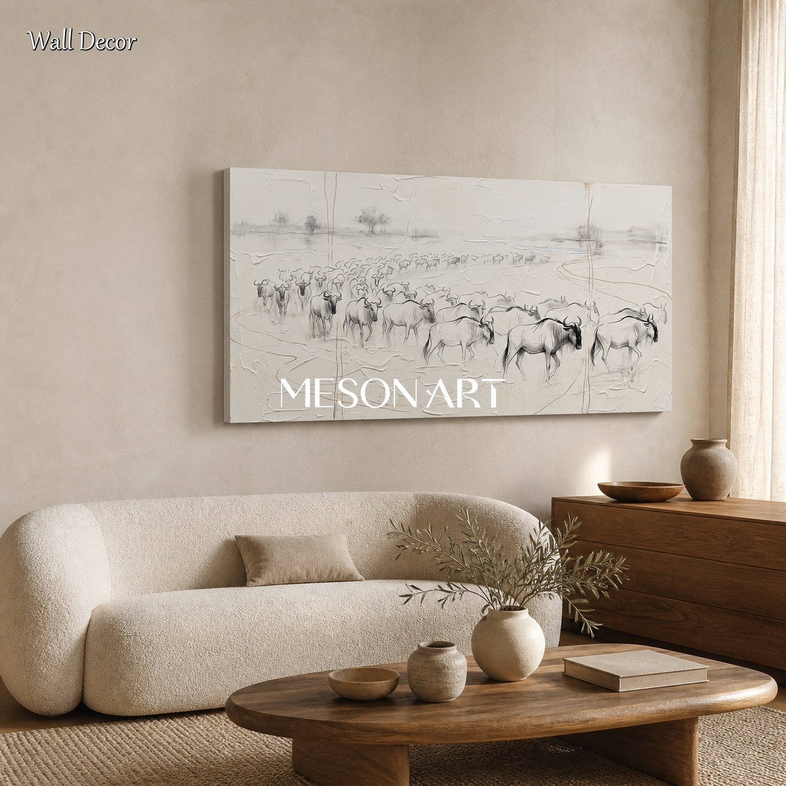 Beige And Black Wildebeest Minimalist Painting Original Artist Panoramic Wall Art For Living Room By Mesonart