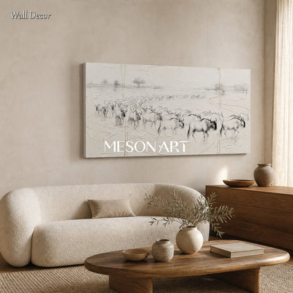 Beige And Black Wildebeest Minimalist Painting Original Artist Panoramic Wall Art For Living Room By Mesonart