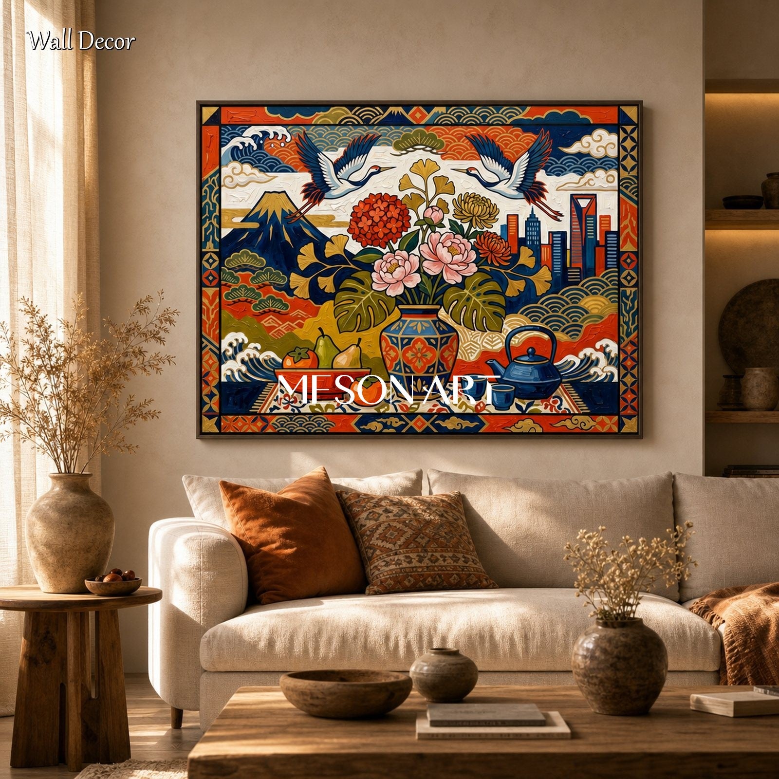 Modern Ukiyo-e Wall Art With Cranes And Flowers For Living Room