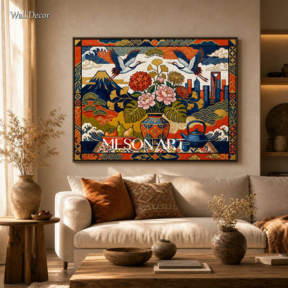 Modern Ukiyo-e Wall Art With Cranes And Flowers For Living Room Decor