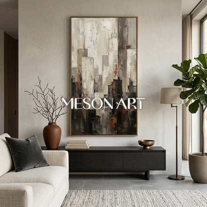 Abstract City Painting With Plaster Texture For Industrial Loft Living Room Decor