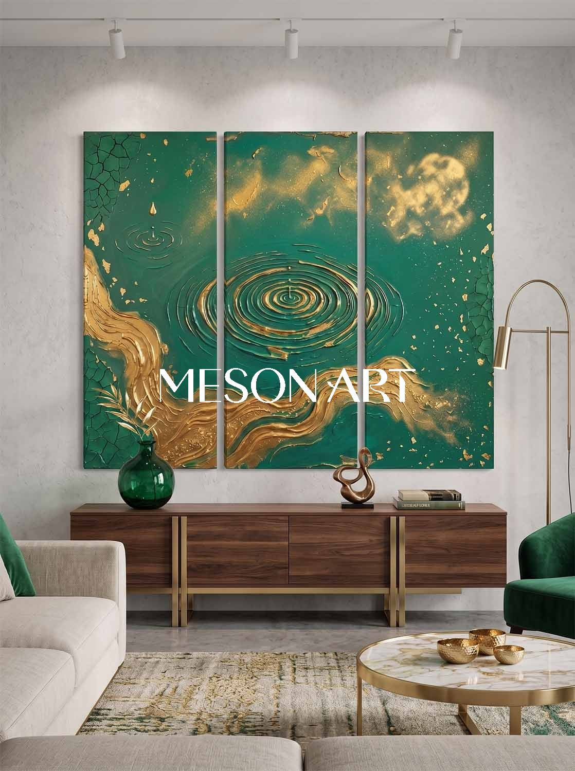 Emerald Green And Gold Abstract Triptych Painting With Textured Relief For Art Deco Living Room Entryway