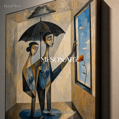 Blue Beige Surreal Cubist Expressionism Art Rectangular Wall Decor For Living Room By Mesonart
