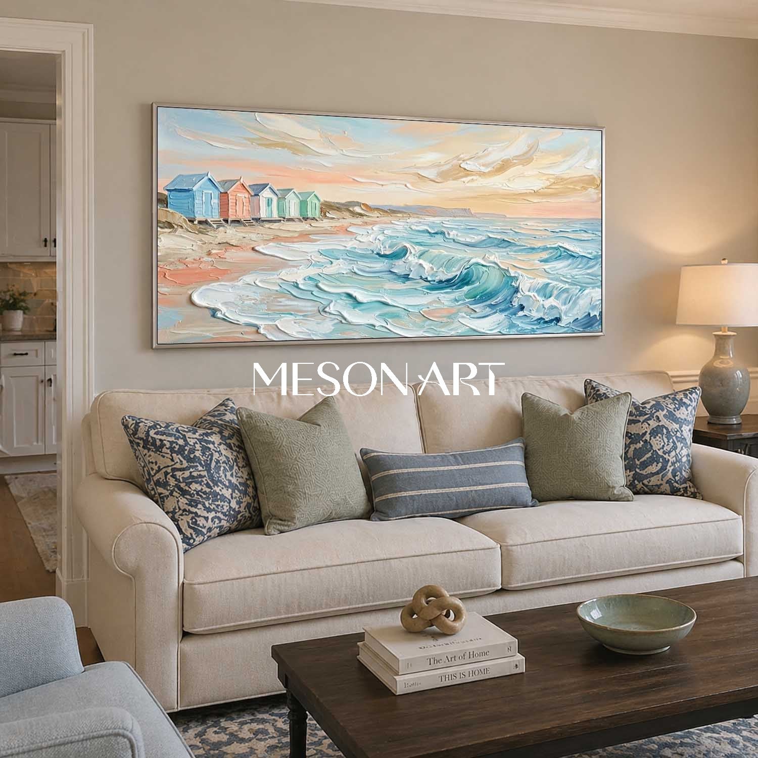 Dreamy Pastel Beach Cottages Seascape Oil Painting For Coastal Living Room Decor