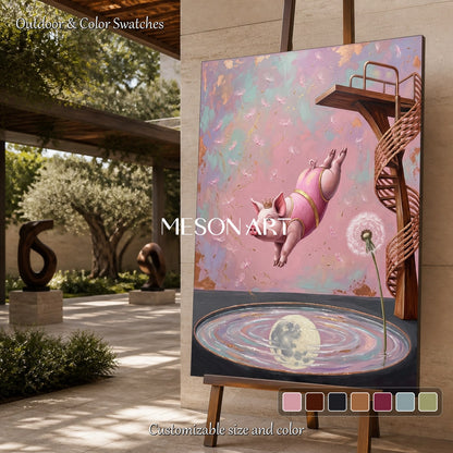 Pink And Gold Surrealist Art Diver Painting Rectangular Wall Decor For Living Room By Mesonart
