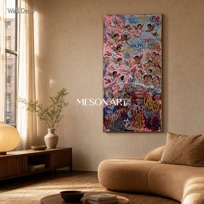 Pink And Gold Graffiti Art Panoramic Wall Decor For Living Room Original Artist Hand Painted By Mesonart