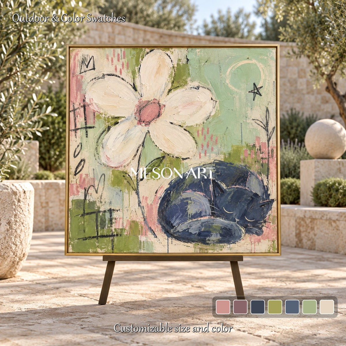 Green And Pink Pop Art Square Wall Decor Original Artist Hand Painted Modern Abstract Cat Flower Painting By Mesonart