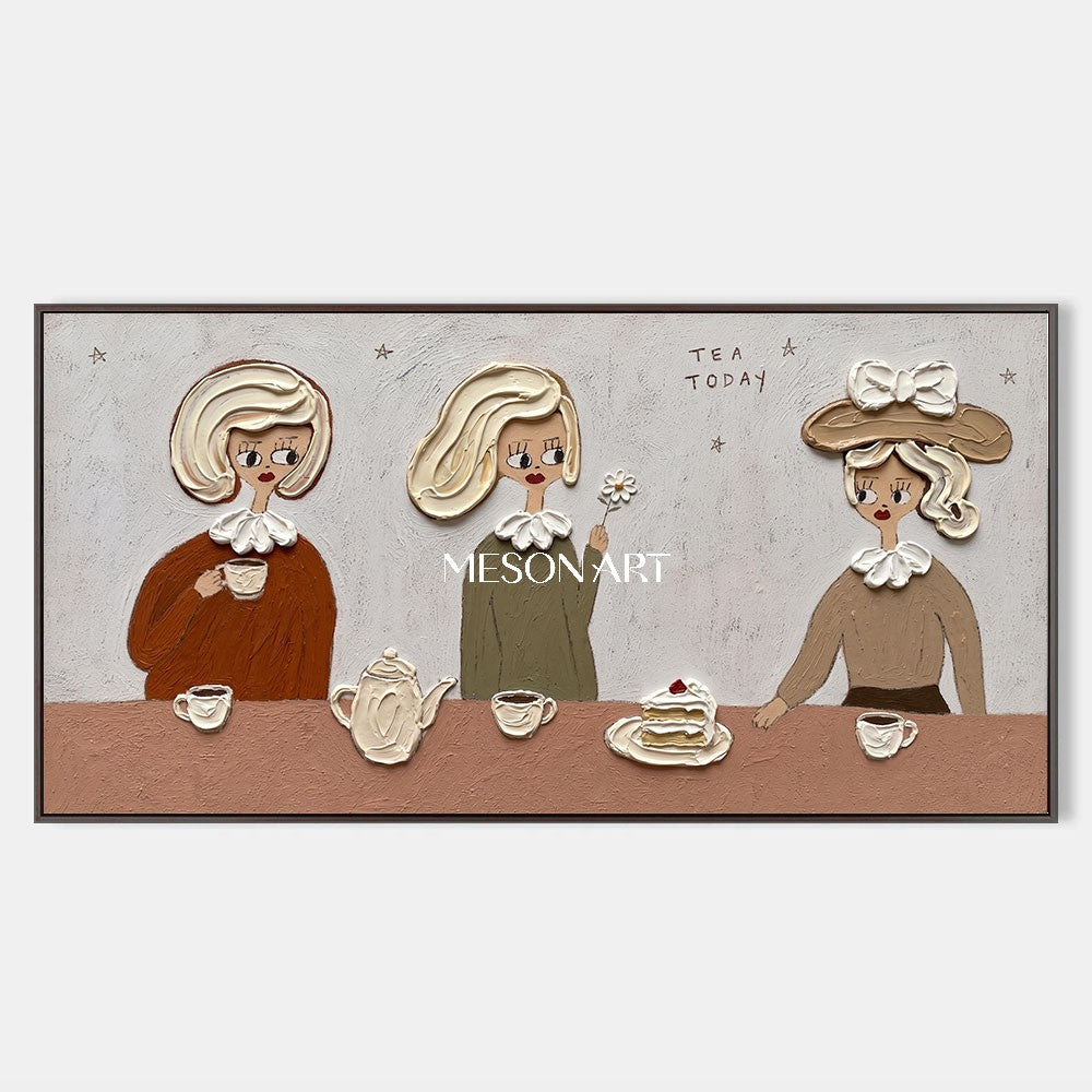 Charming Pop Art Tea Party Painting With Textured Relief For Modern Dining Room Wall Decor