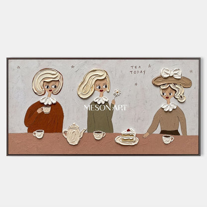 Charming Pop Art Tea Party Painting With Textured Relief For Modern Dining Room Wall Decor