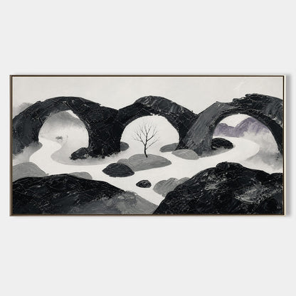 Art Deco Black And White Abstract Landscape Painting With Textured Relief For Living Room And Office