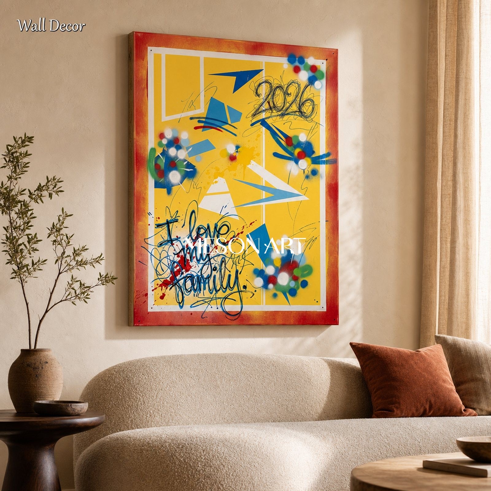 Yellow And Red Graffiti Painting Banksy Style Original Artist Hand Painted Rectangular Wall Art For Living Room By Mesonart