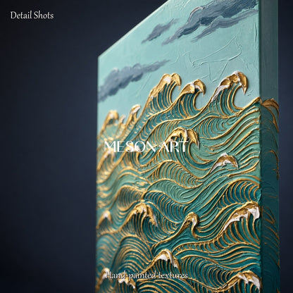 Large Gold Wave Painting With Teal Textured Relief For Art Deco Entryway And Living Room Decor