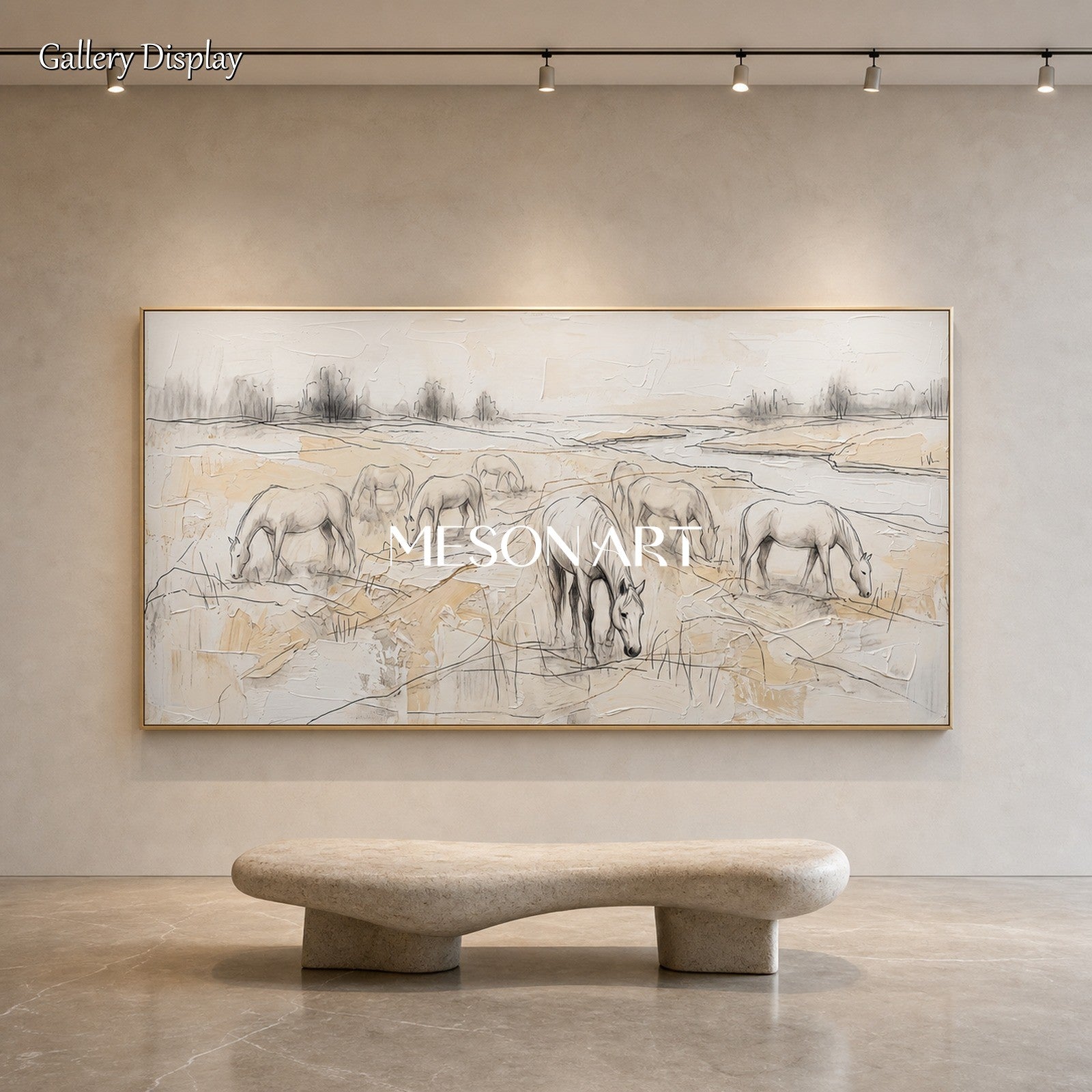 Beige And White Horses Grazing Minimalist Painting Original Artist Panoramic Wall Art For Living Room By Mesonart
