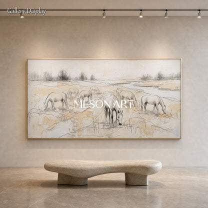 Beige And White Horses Grazing Minimalist Painting Original Artist Panoramic Wall Art For Living Room By Mesonart