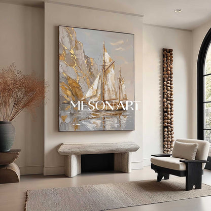 Luxury Gold Leaf Sailboat Painting With Textured Relief For Art Deco Living Room Decor