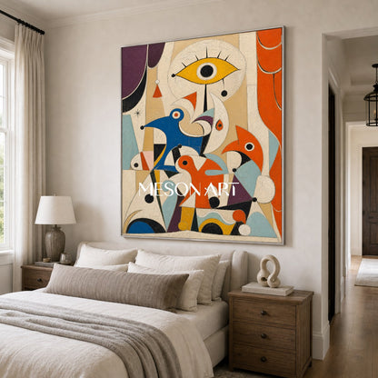 Surrealist Abstract Art Painting With Birds And Eye For Creative Kids Room Decor