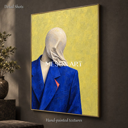 Blue And Yellow Surrealist Portrait Painting Rectangular Wall Art For Living Room By Mesonart