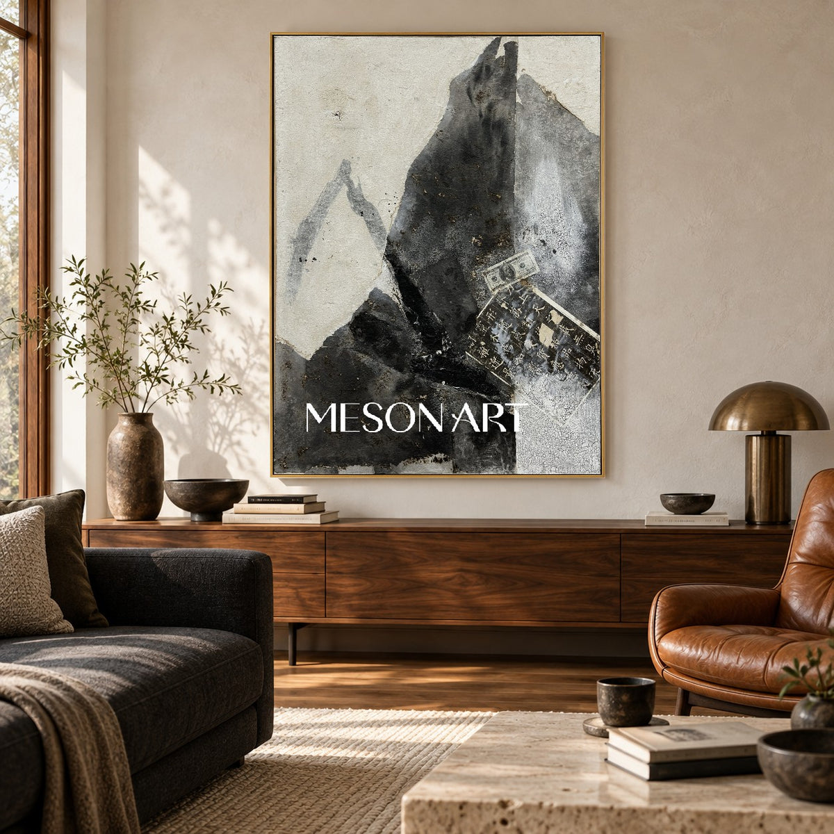 Black And White Abstract Art Original Artist Hand Painted Mixed Media Textured Painting Rectangular Wall Art For Living Room By Mesonart