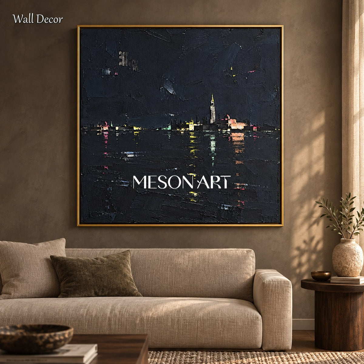 Black And Gold Abstract Landscape Painting Square Minimalist Palette Knife Art Original Artist By Mesonart