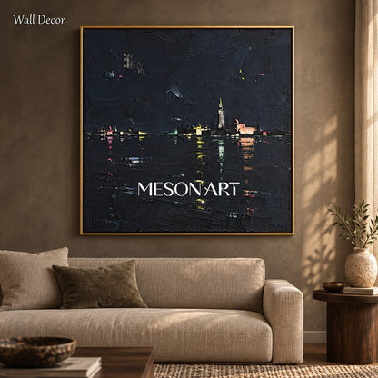 Black And Gold Abstract Landscape Painting Square Minimalist Palette Knife Art Original Artist By Mesonart