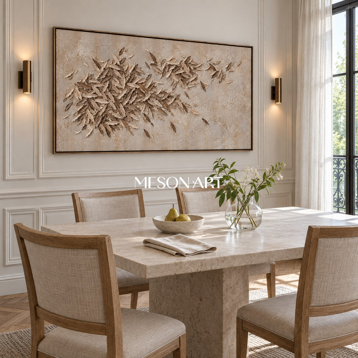 Beige And Brown Organic Minimalist Leaves Forms Wall Art For Living Room By Mesonart
