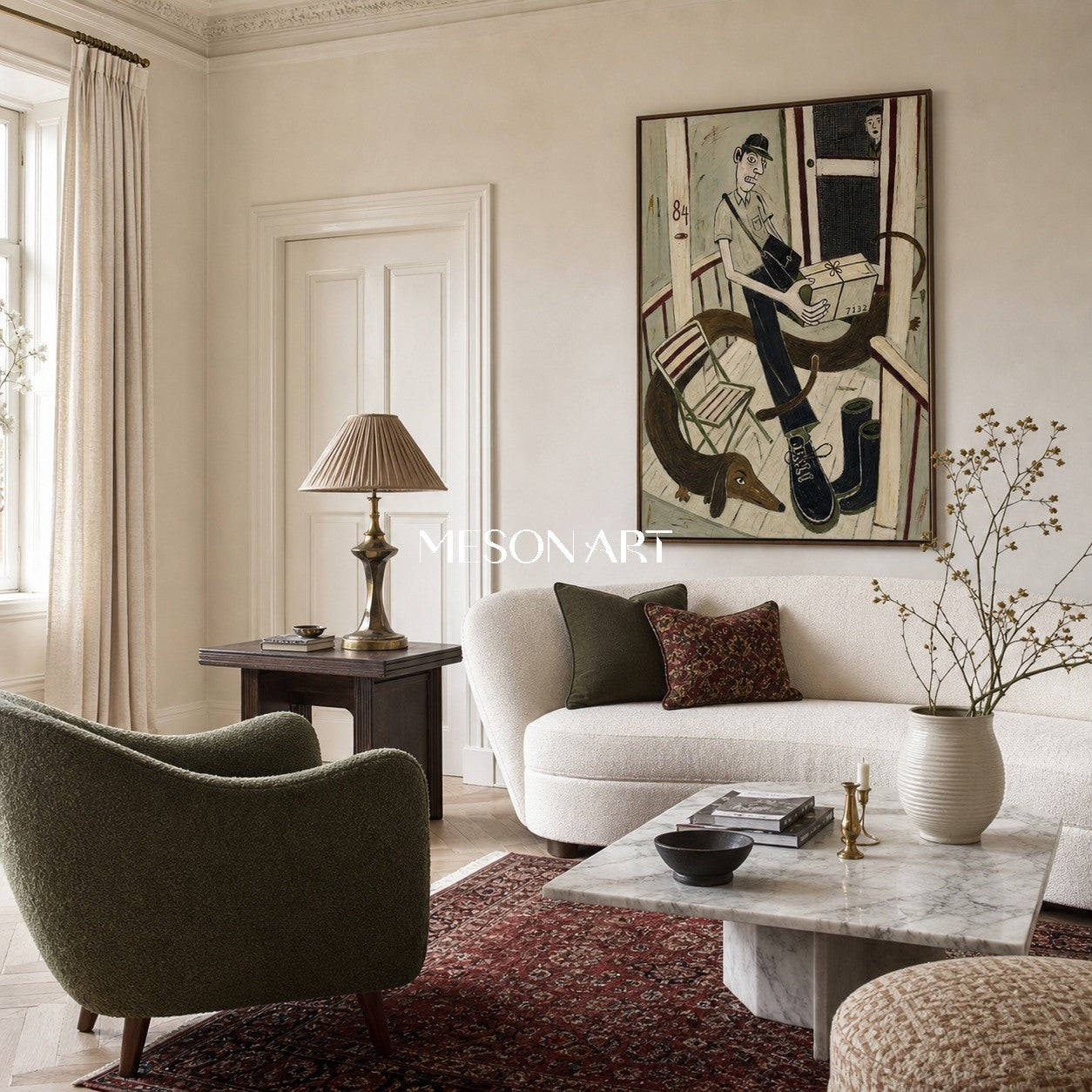 Muted Green Brown Surrealist Figurative Primitive Art Rectangular Wall Decor For Living Room By Mesonart