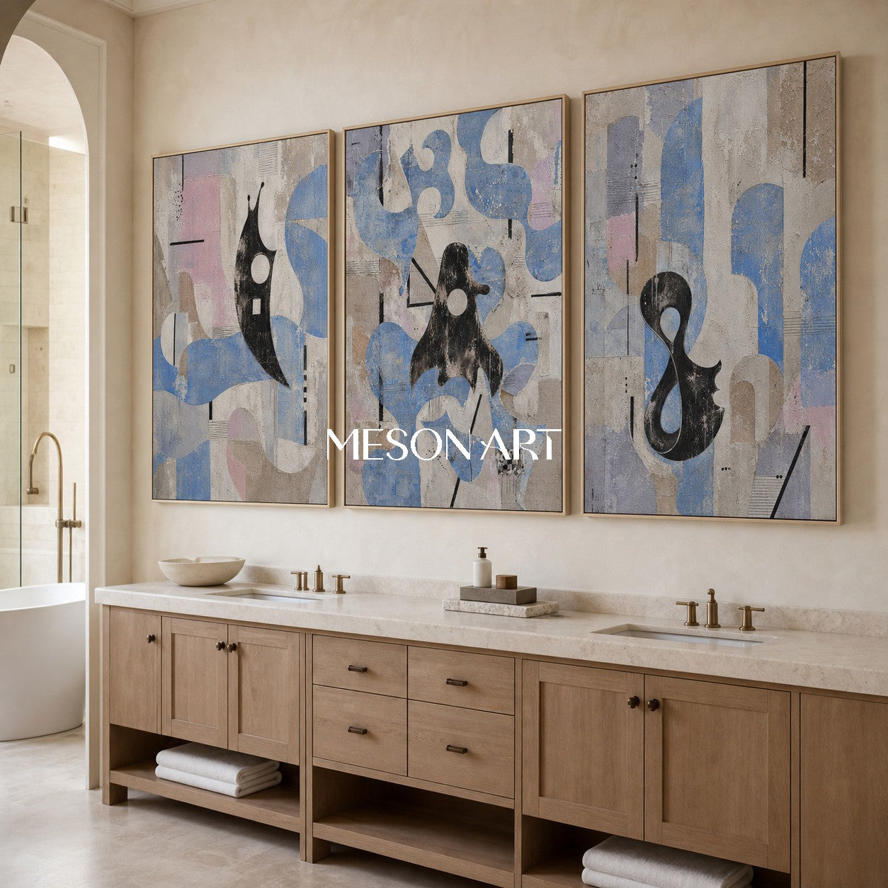 リビングルームのための抽象的なブルーベージュトリプティクウォールアートモダンミニマル絵画