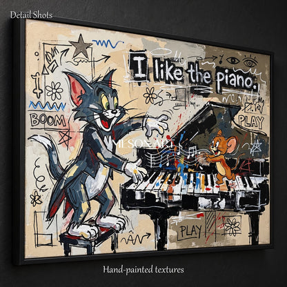 Beige And Black Cartoon Wall Art Rectangular Pop Anime Original Artist Hand Painted Tom And Jerry By Mesonart