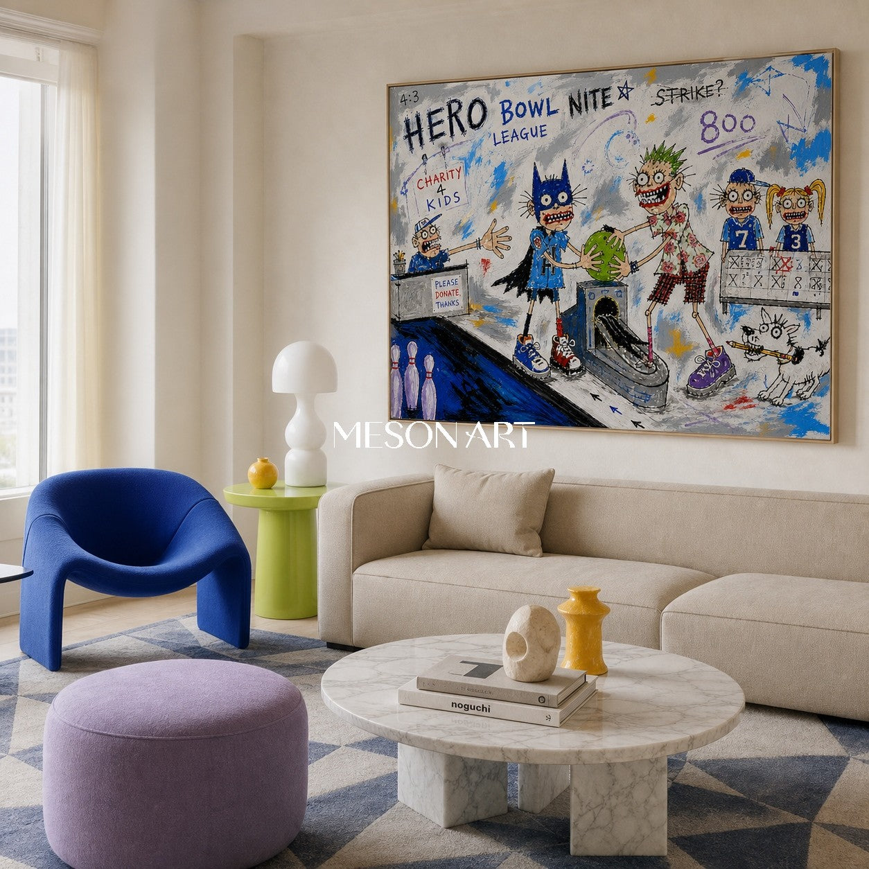 Blue And White Graffiti Cartoon Bowling Art Rectangular Wall Decor Original Artist Hand Painted By Mesonart