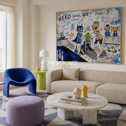 Blue And White Graffiti Cartoon Bowling Art Rectangular Wall Decor Original Artist Hand Painted By Mesonart
