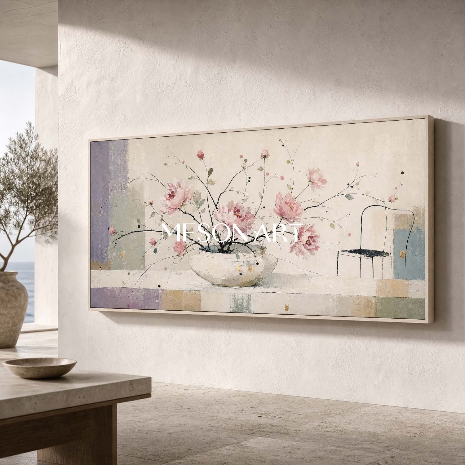 Minimalist Pink Floral Art Print For Modern Living Room Decor With Soft Beige Tones