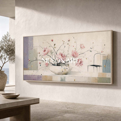Minimalist Pink Floral Art Print For Modern Living Room Decor With Soft Beige Tones