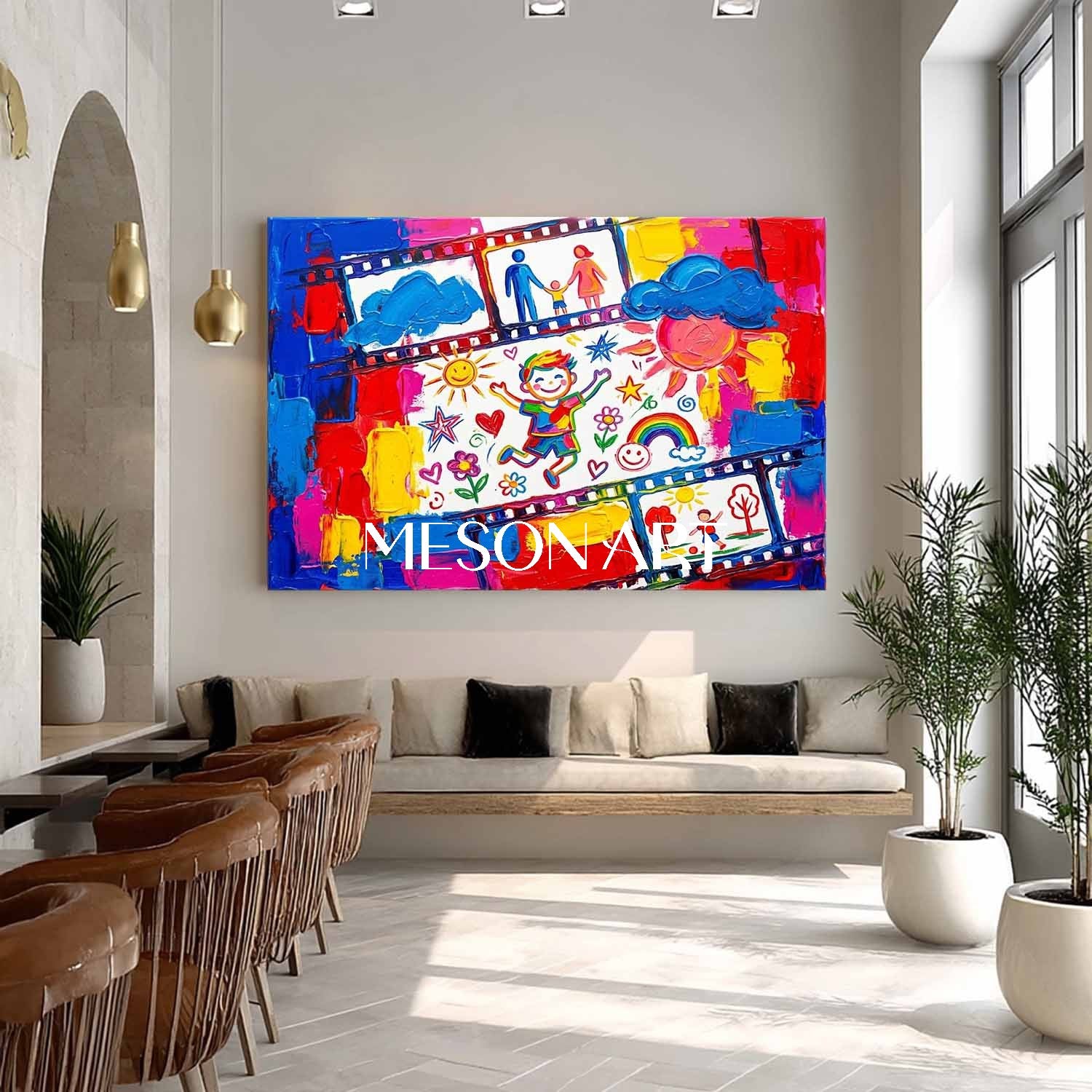 Colorful Pop Art Canvas Painting With Film Strip Motif For Kids Room And Play Area Wall Decor