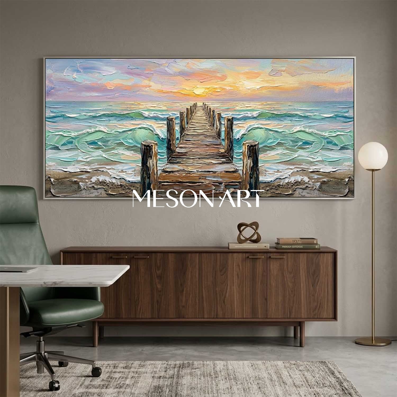 Luxury Coastal Seascape Art With Golden Sunset And Textured Waves For Living Room