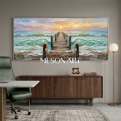 Luxury Coastal Seascape Art With Golden Sunset And Textured Waves For Living Room