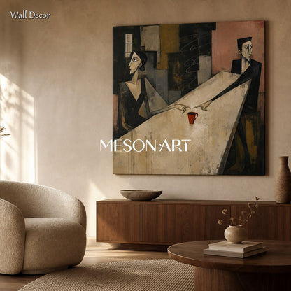 Beige And Black Cubist Abstract Art Square Canvas Painting Original Artist Hand Painted By Mesonart