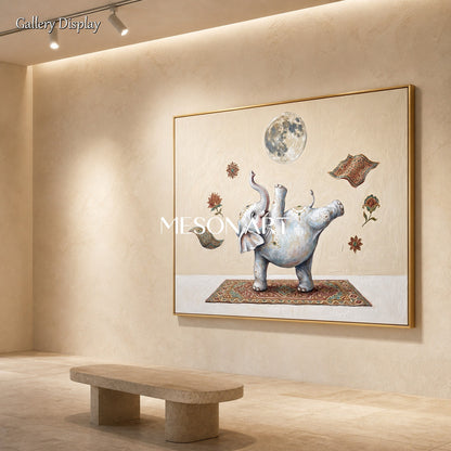Beige And White Yoga Elephant Original Art Rectangular Wall Decor For Living Room By Mesonart