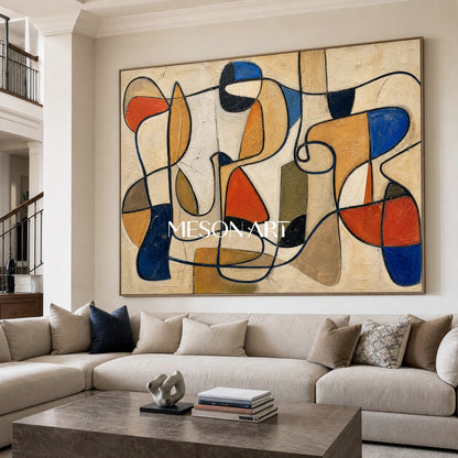 Pittura astratta colorata su tela di lino con cornice in legno per la decorazione del soggiorno