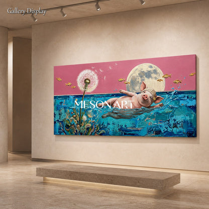 Pink And Blue Swimming Athlete Surrealist Painting Panoramic Wall Art Original Artist By Mesonart